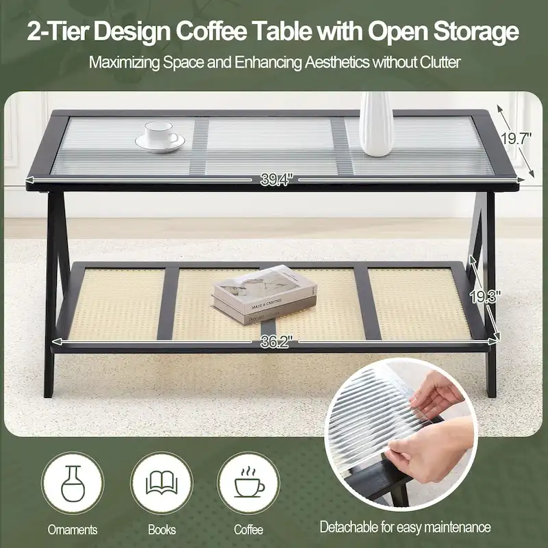 Bamboo Glass Top Side Table Accent End Table with Magazine Rack