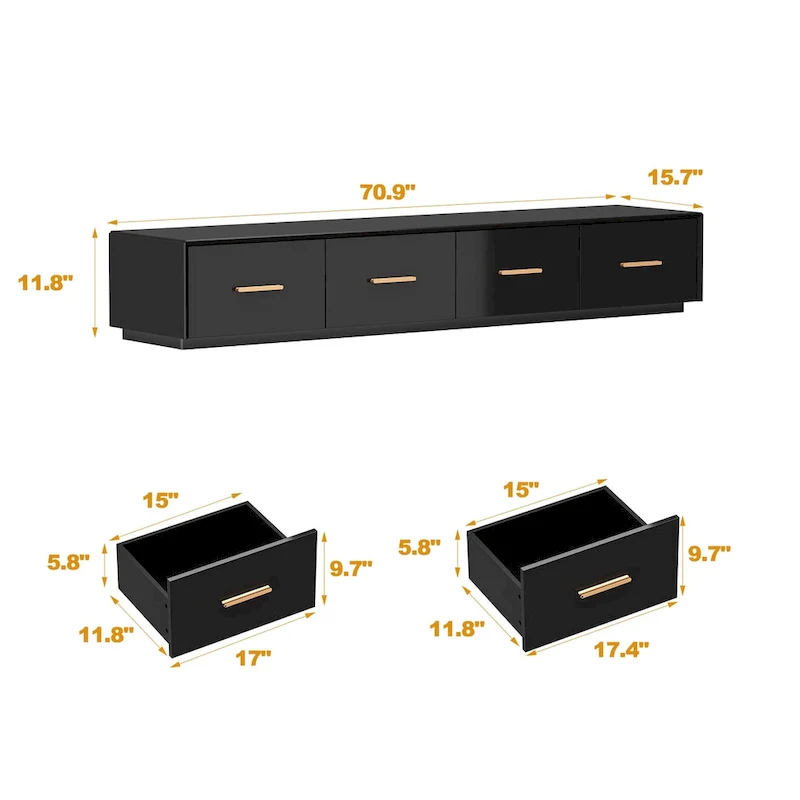 Black Entertainment Center Spacious Luxurious TV Stand Golden Accents - 70.9