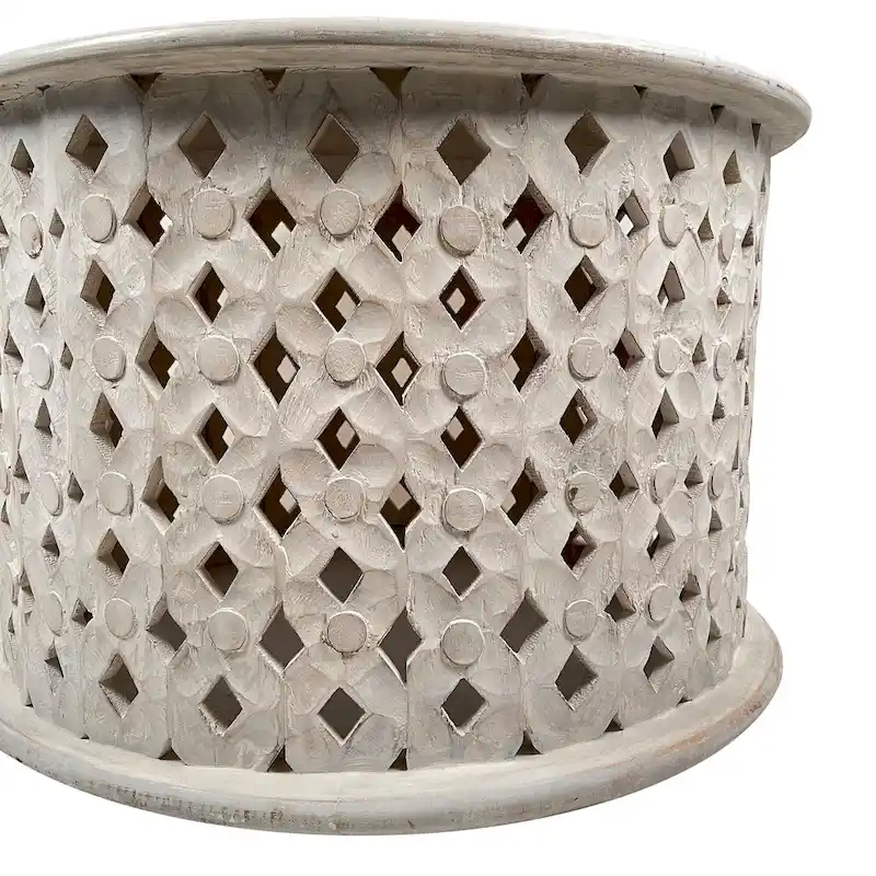Cato 28 Inch Artisanal Round Mango Wood Coffee Table, Intricate Diamond Lattice Cut Out Frame, Washed White