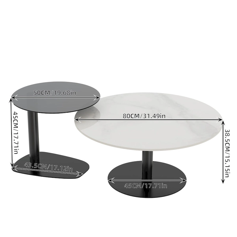 Set of 2 Modern Stacking Round Coffee Table Side Table Set with Slate Glass Top