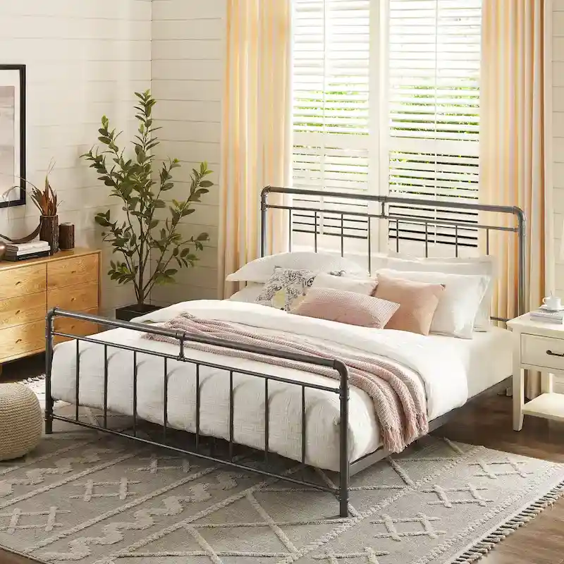 Charcoal Metal Bed, Vintage Industrial Style, Queen/King