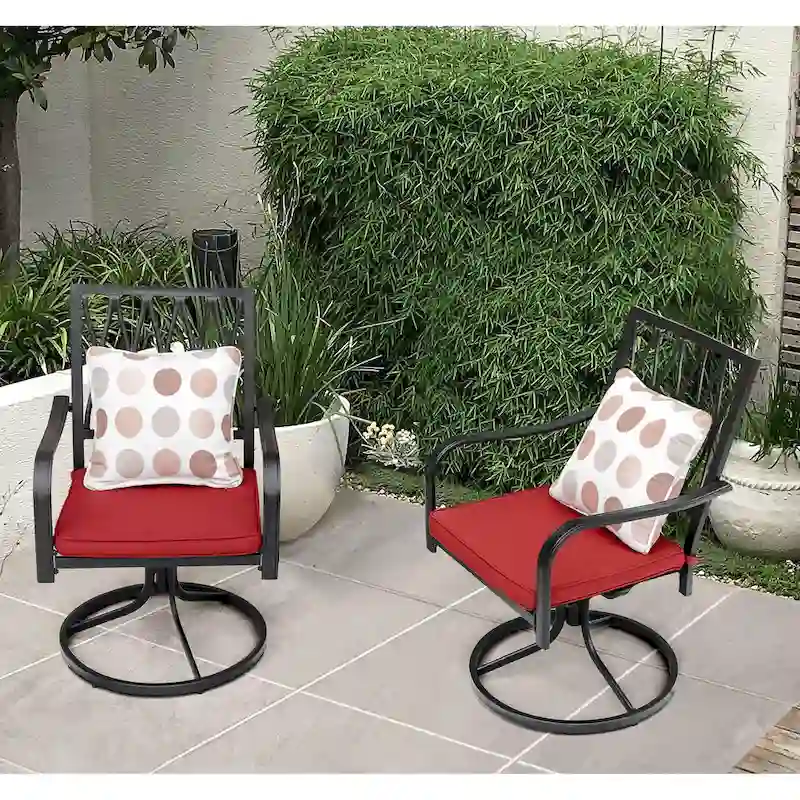 Outdoor 2-Piece Metal Swivel Dining Chairs with Red Cushions