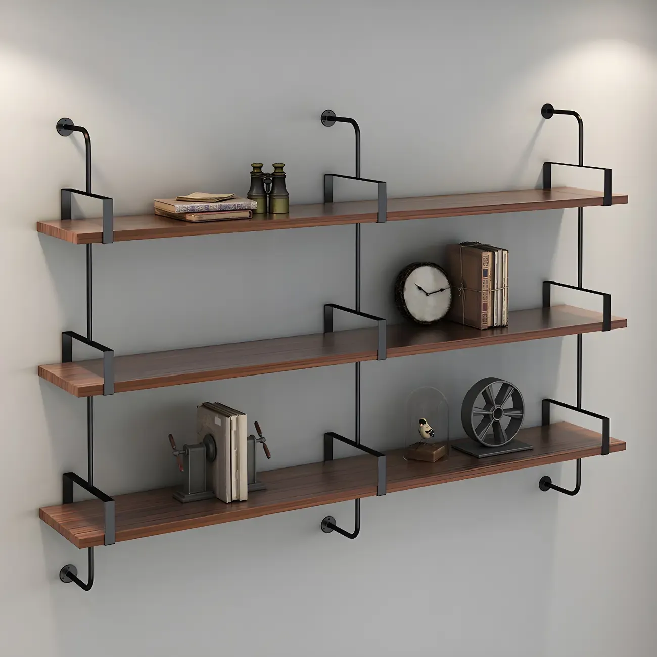 Industrial Wide 3-Tier Wooden Floating Bookcase
