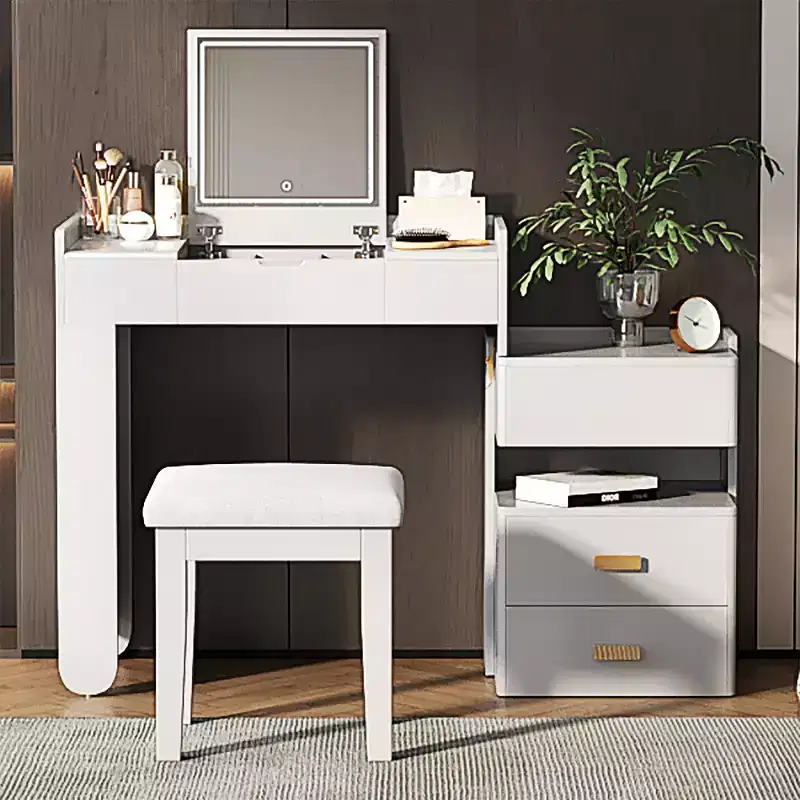 GDFStudio Viggo 3-in-1 Makeup Vanity Set with Flip-Top Mirror, Stool, LED Lighting and Retractable Side Cabinet