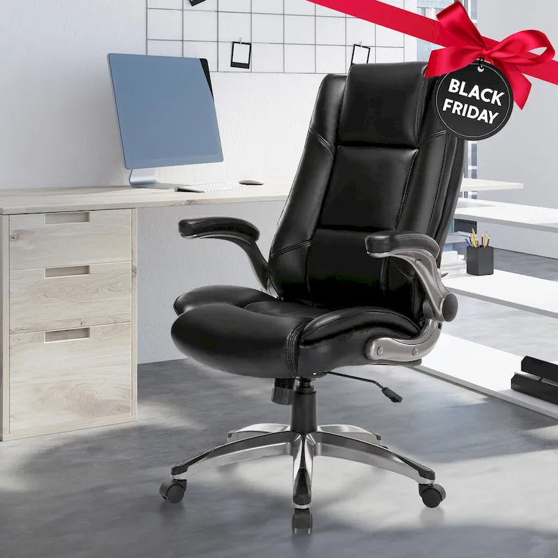 Leather Executive Office Chair- High Back Home Computer Desk Chair with Padded Flip-up Arms, Adjustable Tilt Lock