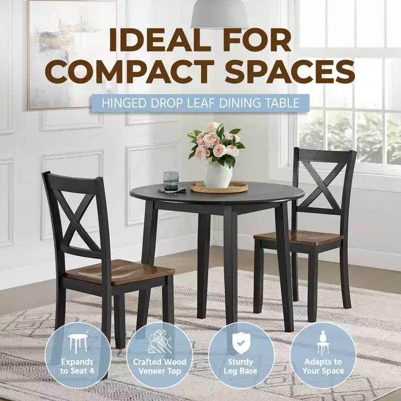 ROME + OAK Drop Leaf Table with Set of 4 X-Back Chairs, Wooden Dining Set, Black