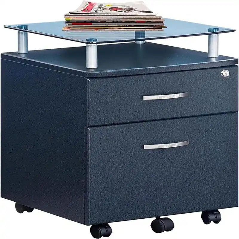Grey / Graphite Rolling File Cabinet with Glass Top, 2-Drawer, Single User