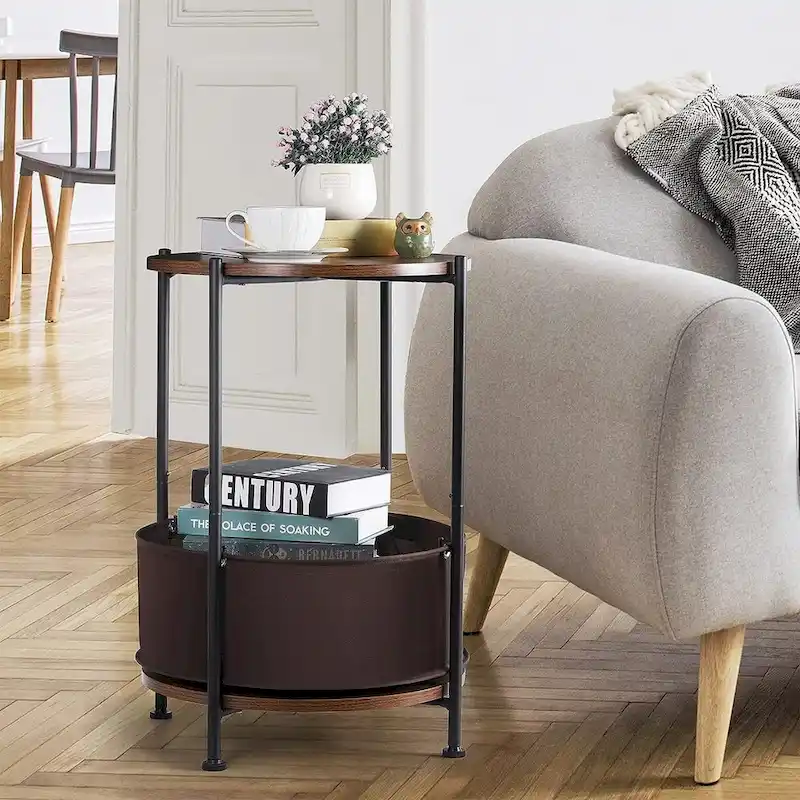 Round Storage End Table with Cloth Basket