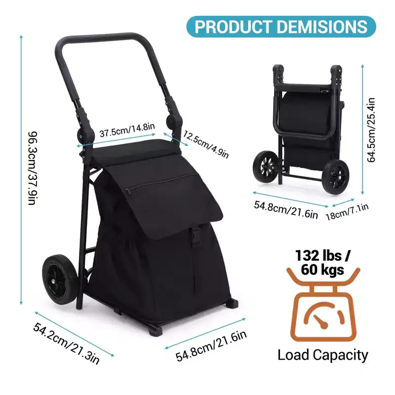 2 in 1 Foldable Shopping Cart with Seat, 132 lbs Capacity Waterproof Grocery Cart with Wheels for Home, Travel - Black