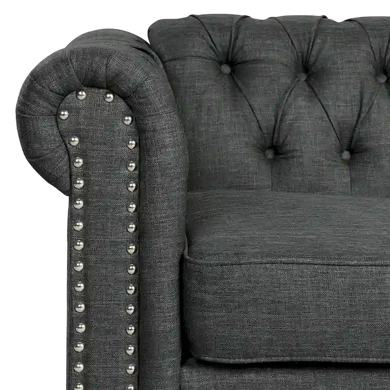 Linen Chesterfield Sofa with Button Tufted, Nailhead and Solid Wood Legs