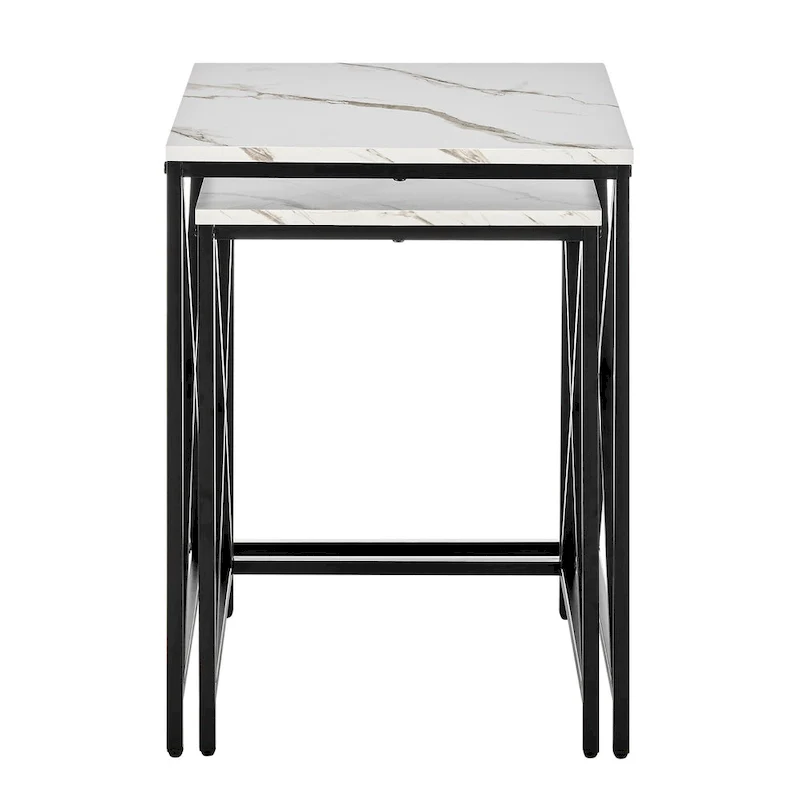 Modern Square Marble Finish Veneer Top Black Metal Frame Nesting End Tables - Set of 2