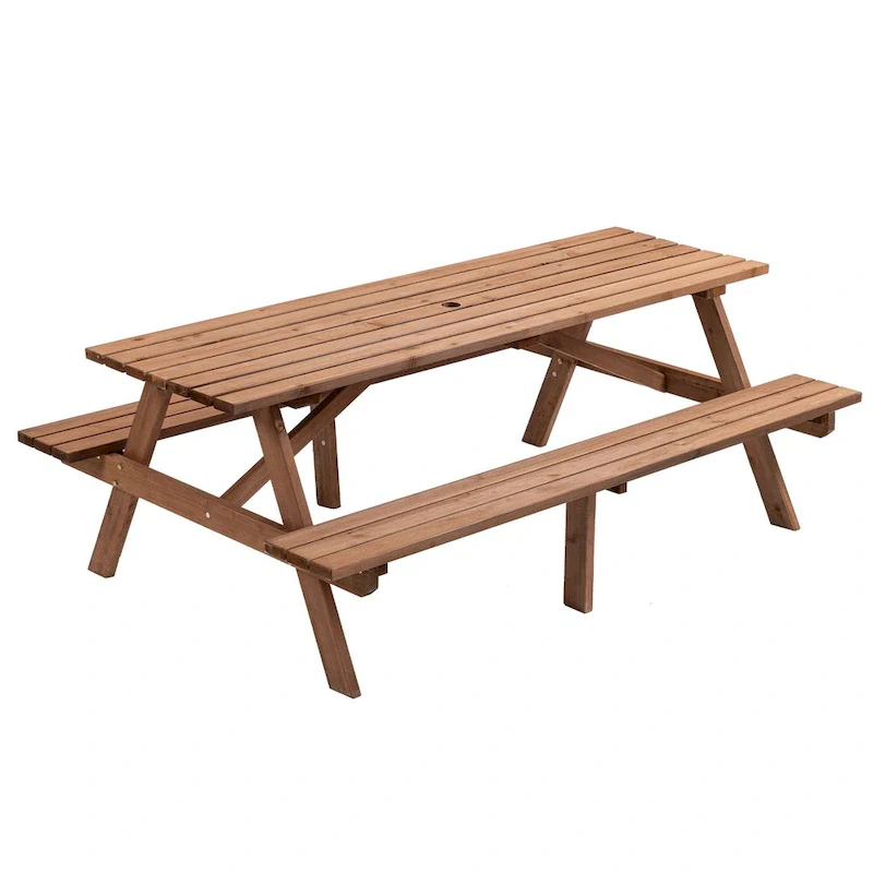 8 Person Wooden Picnic Table with 2 Benches and Umbrella Hole