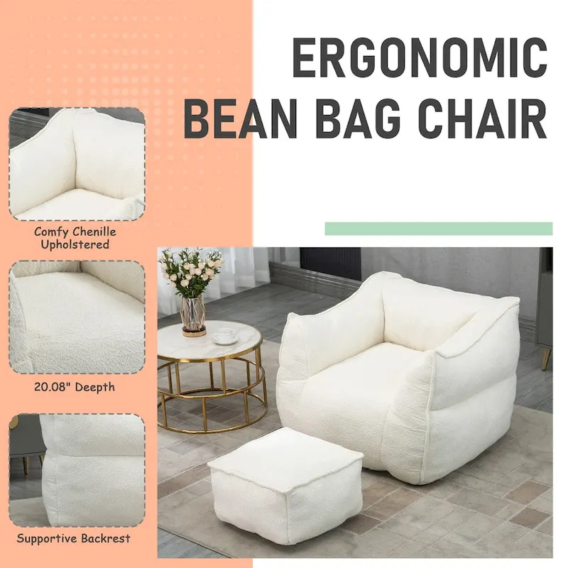 Boucle Upholstered Deep Seat Armless Square Bean Bag Chair with Ottoman