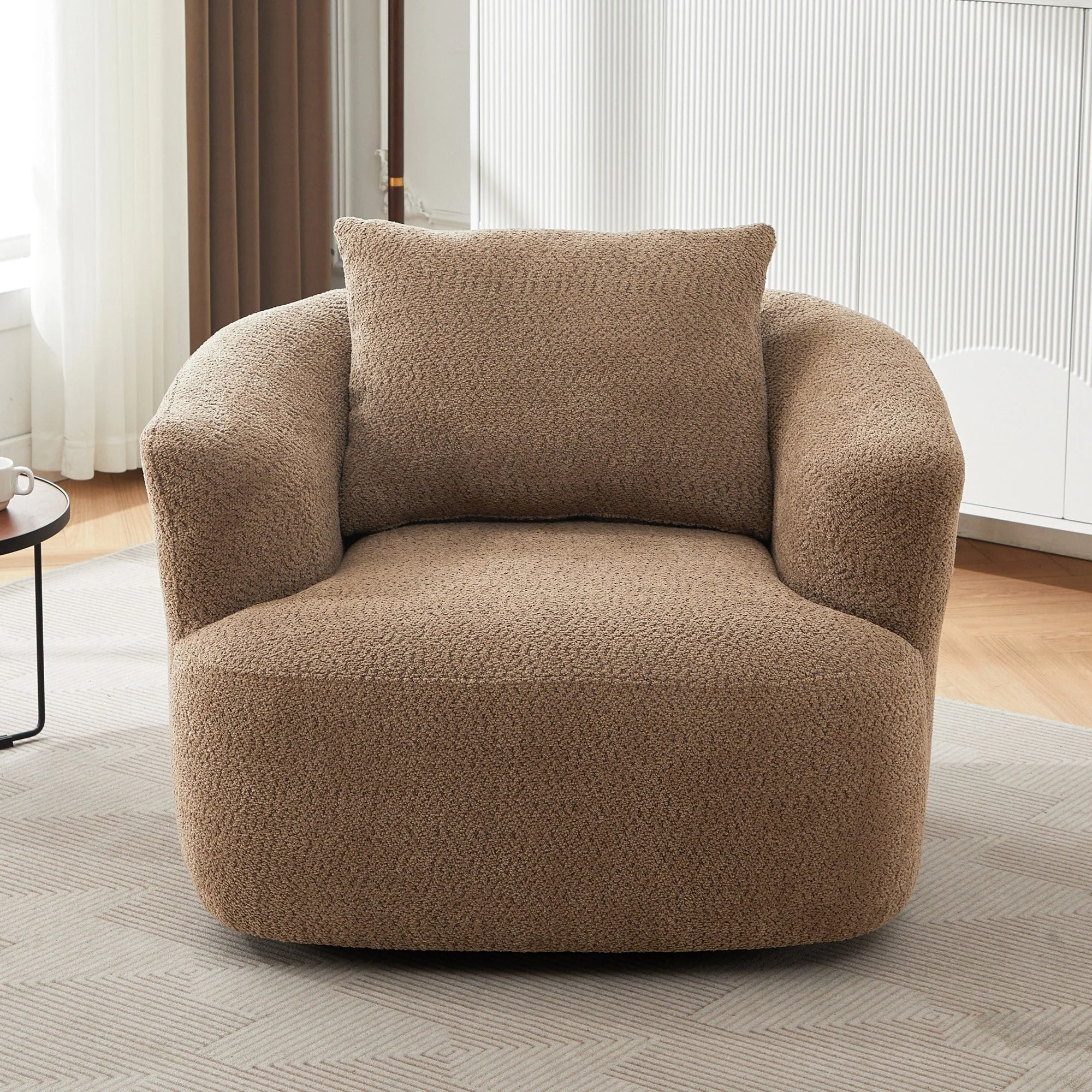 360° Swivel Chair, 38.2 Boucle Accent Chair with Throw Pillow, Upholstered Barrel Sofa Chair with Curved Armrests