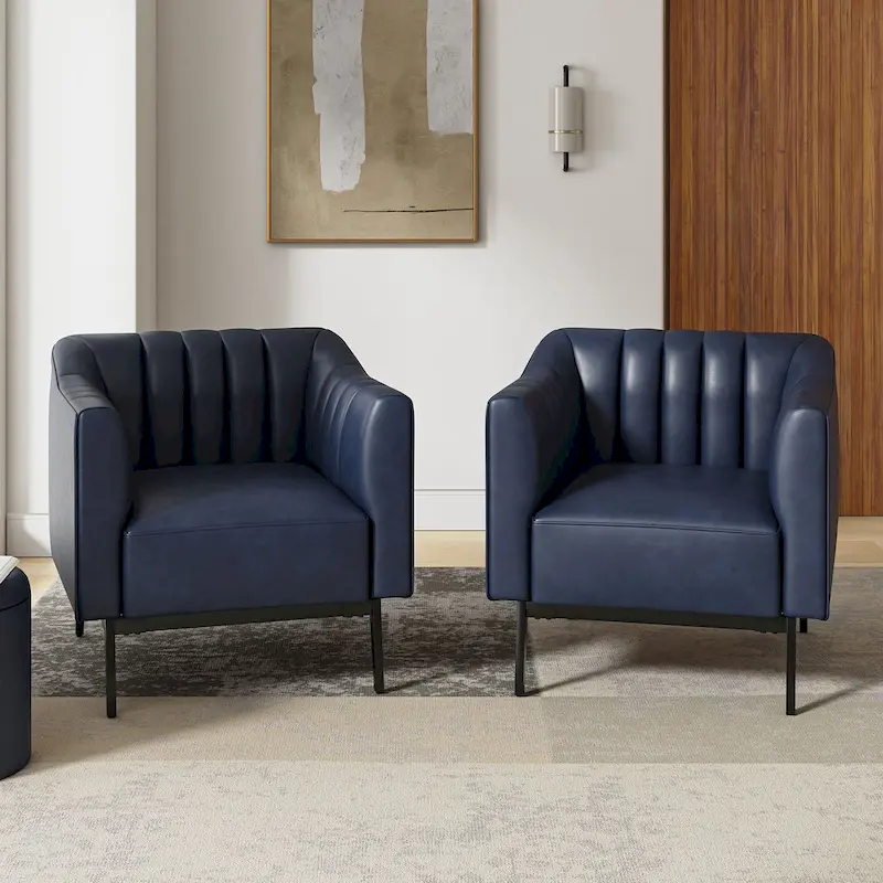Navy/Grey/Camel/Brown/Black Industrial PU Leather Accent Chair, Channel Tufting, Set of 2