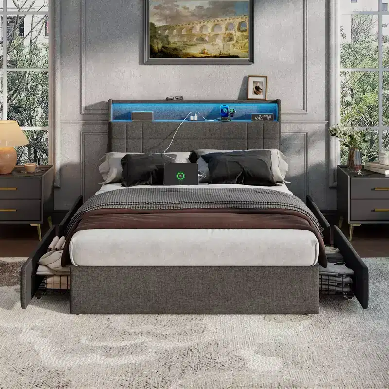 Gray Full Size Upholstered Bed Frame 4 Storage Drawers LED Lights Charging Station Headboard Heavy Duty Platform No Box Spring Needed