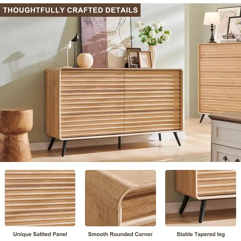 Mid Century Modern 6 Drawers Dresser, Wood Fluted Chest of Drawers