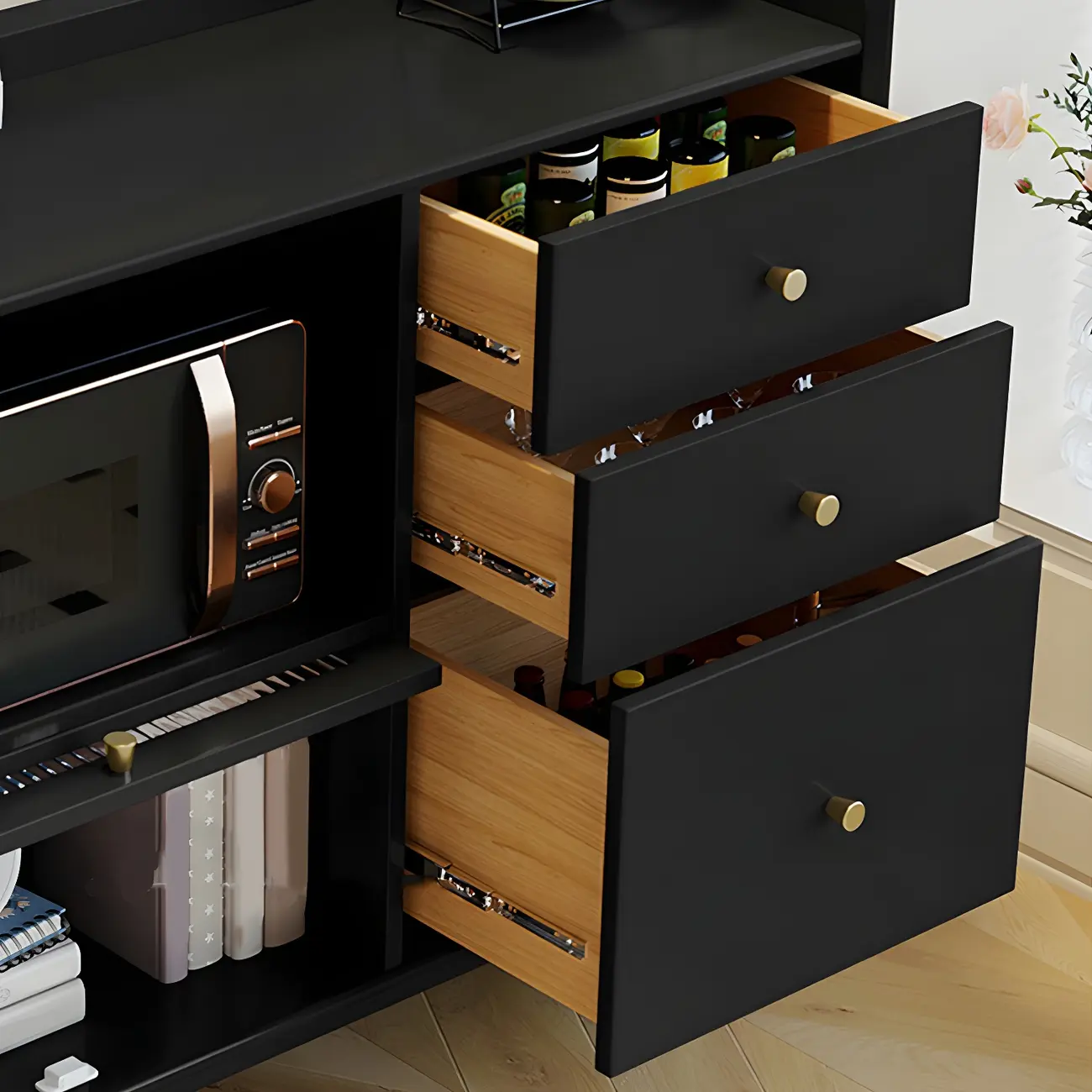 Modern Black Espresso Sideboard with Cabinets & Drawers