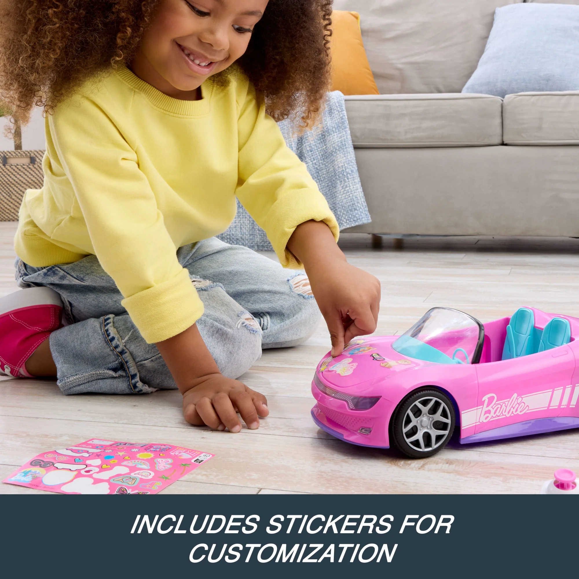 Hot Wheels RC Barbie Convertible, Battery-Powered Remote-Control Toy Car, Fits 2 Barbie Dolls