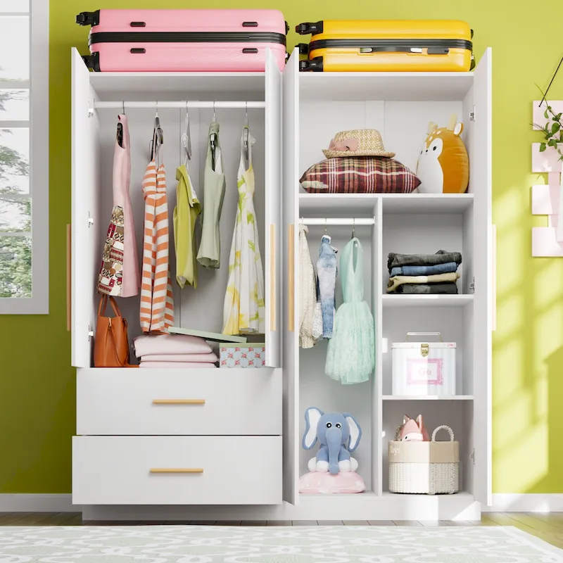 White MDF Freestanding Armoire Wardrobe Cabinet with Drawers & Dual Sections – Single