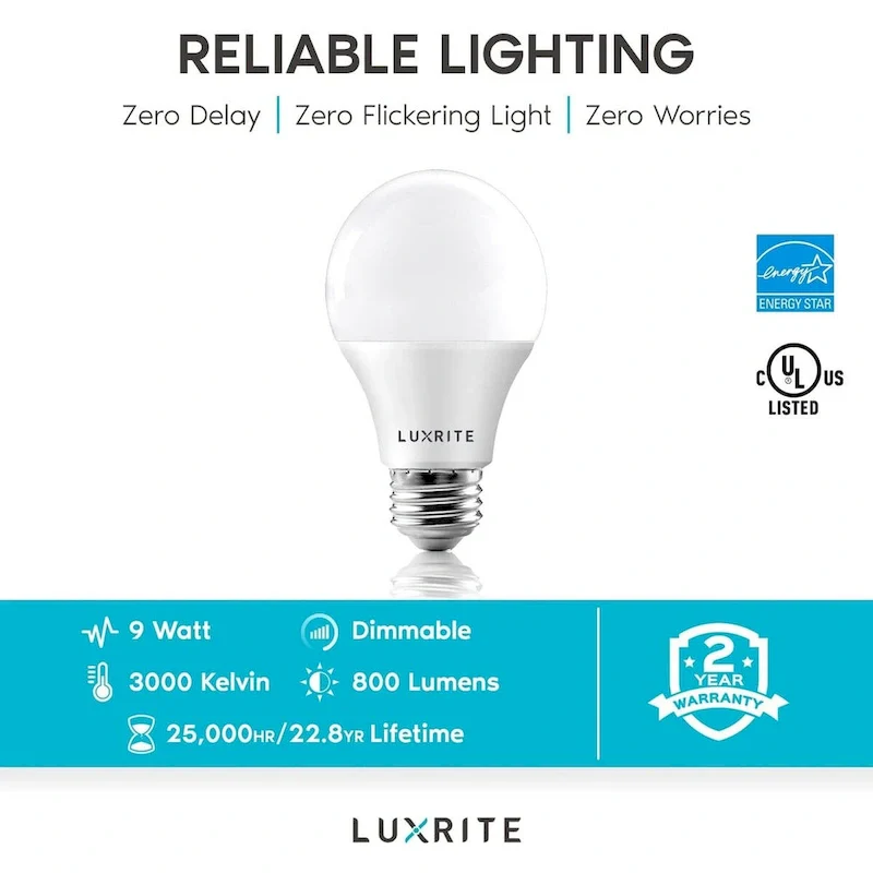 Luxrite A19 LED Light Bulb 60W Equivalent, Dimmable, 800 Lumens, Enclosed Fixture Rated, Energy Star, E26 Base (4 Pack)
