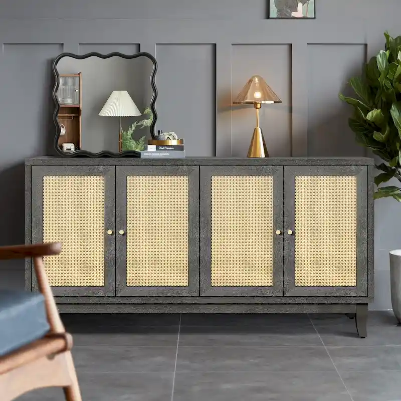Roomfitters Handcrafted Premium Grain Panels Rattan Sideboard Buffet Cabinet with 4 Rattan Doors