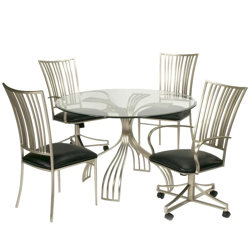 Silver Round Glass Top Dining Table, Brushed Nickel Base, 48 Inch, 4-Person
