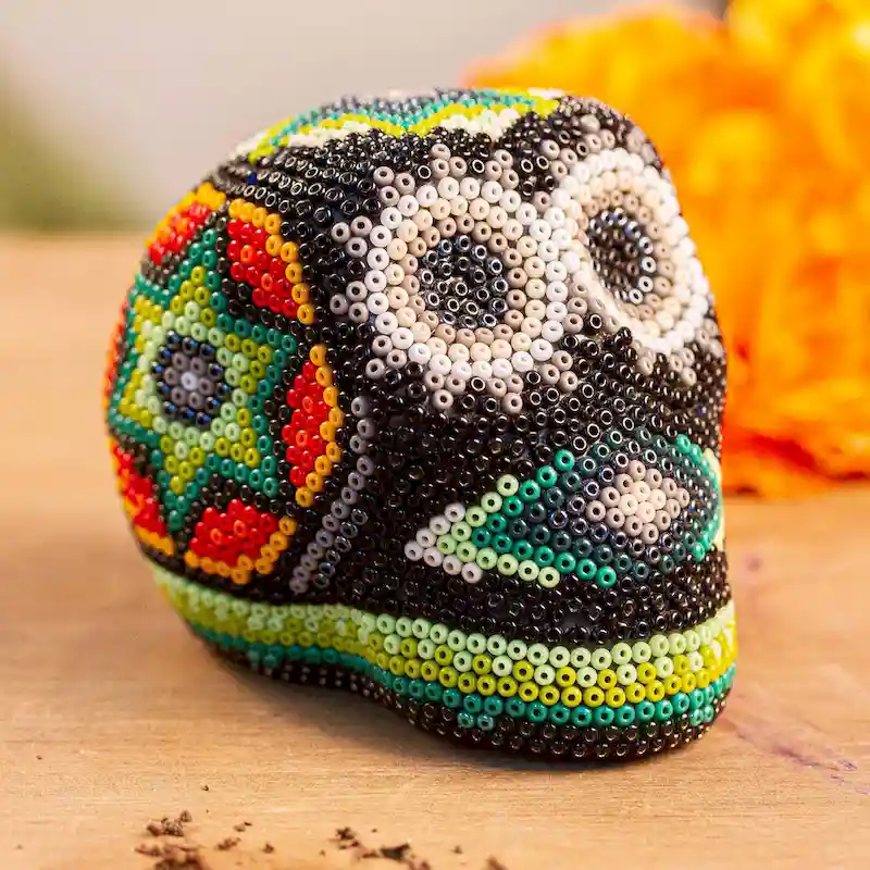 Novica Handmade Sierra Stars Huichol Beaded Papier Mache Skull