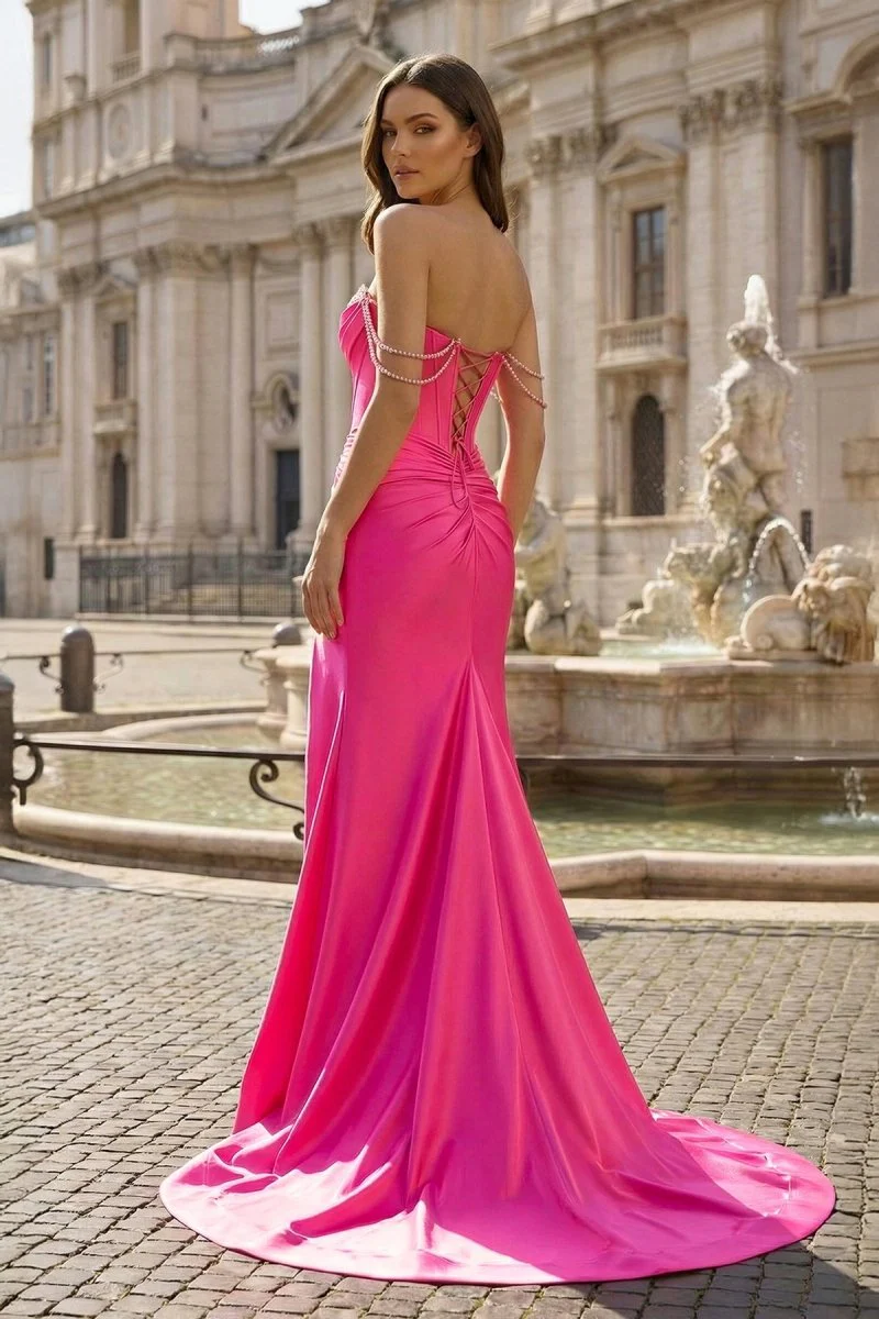 Fuchsia Off The Shoulder Satin Pleated Mermaid Formal Prom Dresses With Beading