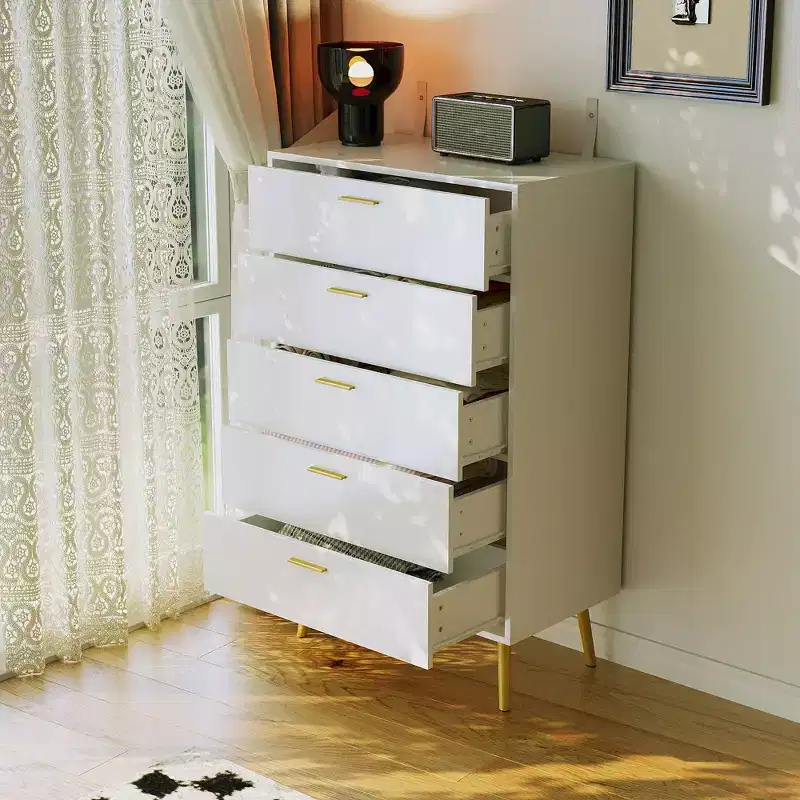 Famapy Vertical Dresser Storage Cabinet White 5 Drawer Large Storage Space Tall Cabinet Legs