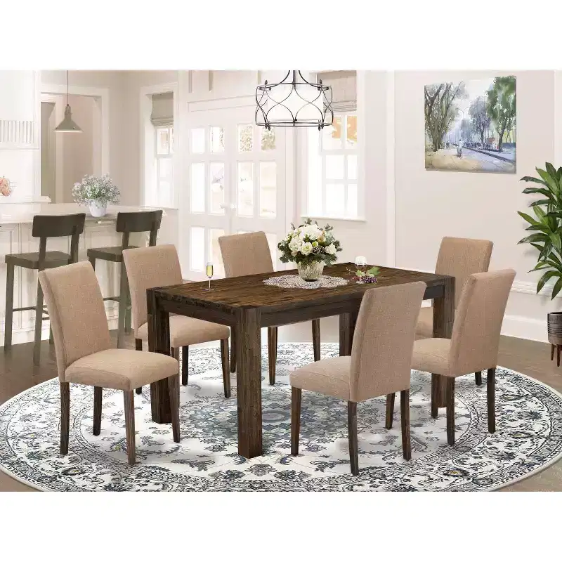 HomeStock Belmont 7Pc Dining Room Table Set , Rectangle Table and 6 Parson Chairs with Light Sable Color Linen Fabric, Distressed Jacobean Finish