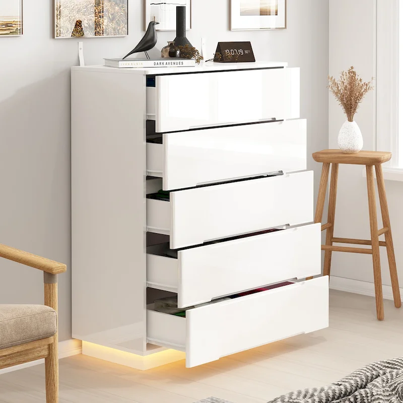 5-Drawer High Gloss Storage Chest with LED Light – White/Black, 1 Person