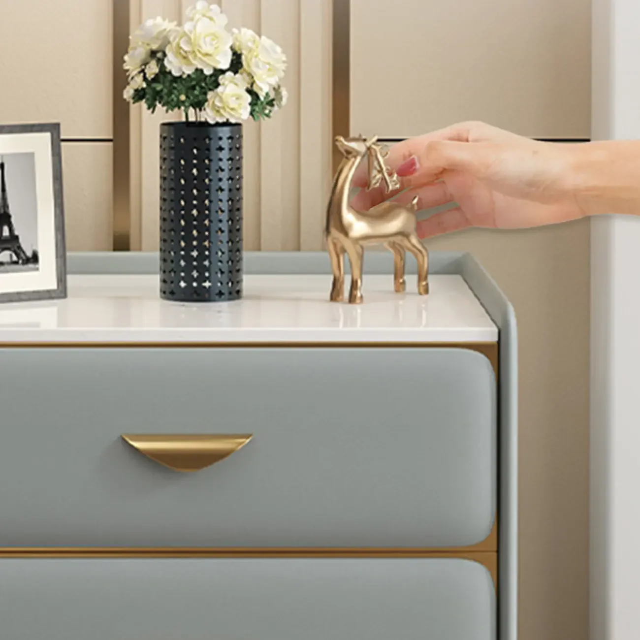 Elegant Stone Top Gold Accents Nightstand with 2 Drawers