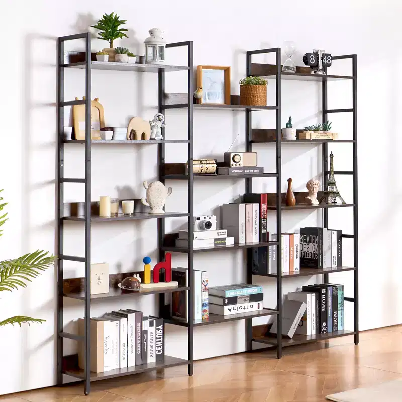 VEVOR Triple Metal Bookshelf, 14-Tier Industrial Bookshelf, Large Rustic Vintage Storage Bookcase , Freestanding Display Shelving Brown