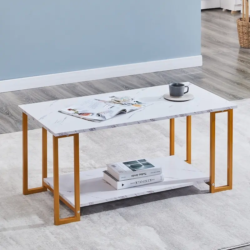 39.37  L MDF Rectangle Tabletop Iron Coffee Table , Dining Room, Coffee Shop, Resterant, White Top, Gold Leg