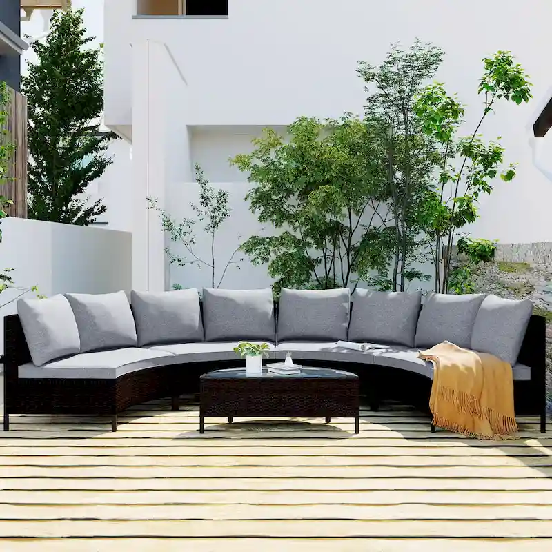 5-Pieces All-Weather PE Rattan Wicker Half-Moon Sofa Set