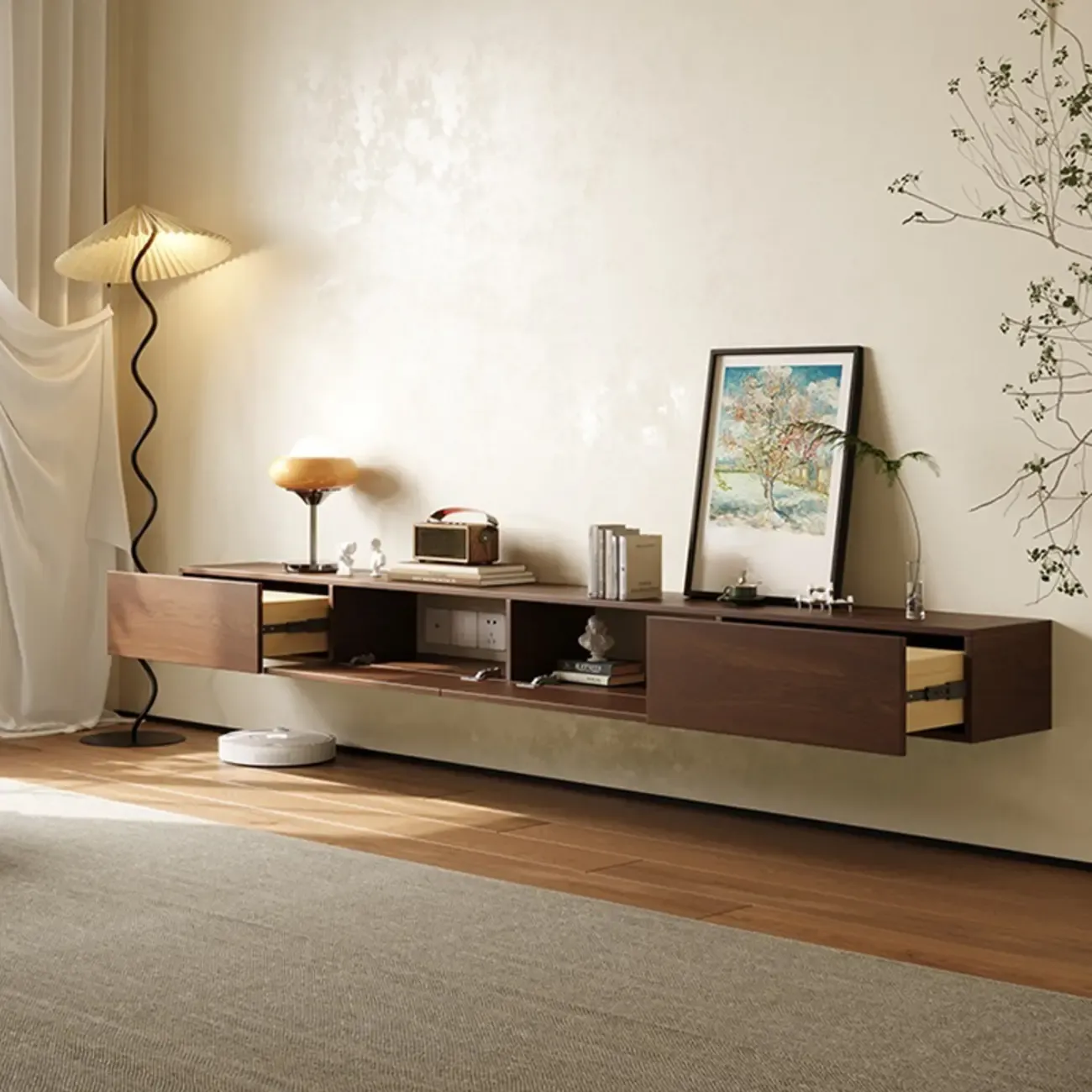 Rectangle Natural Wood Wall-Mounted TV Stand for Living Room