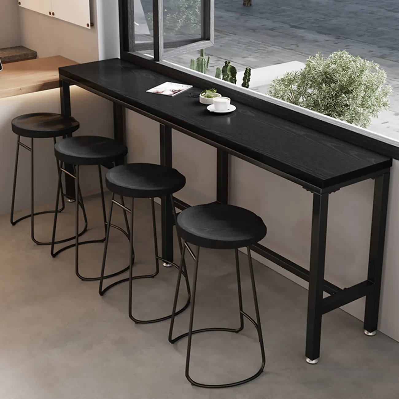 Modern Black Pine Wood Metal Bar Tables with Footrest