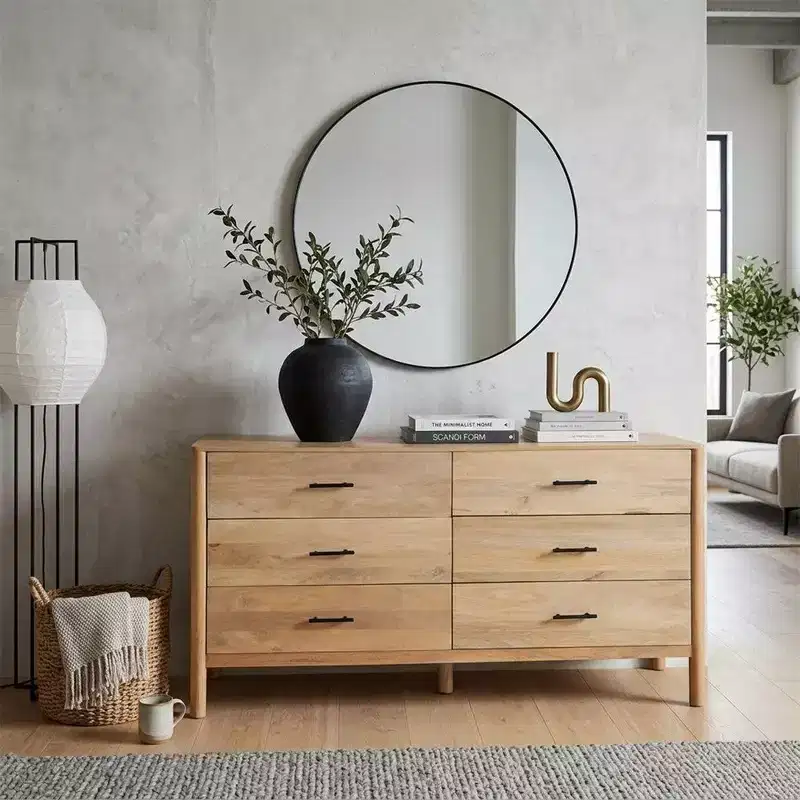 Royal Hampton Geti 66 Inch Wide Dresser, 6 Drawers, Handcrafted Natural Oak White Mango Wood