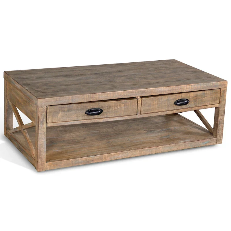 Cocktail Table, 2 Drawers, Shelf, 48 Inch Rectangular Light Brown