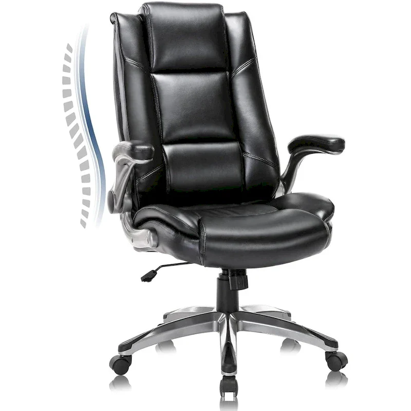 Leather Executive Office Chair- High Back Home Computer Desk Chair with Padded Flip-up Arms, Adjustable Tilt Lock