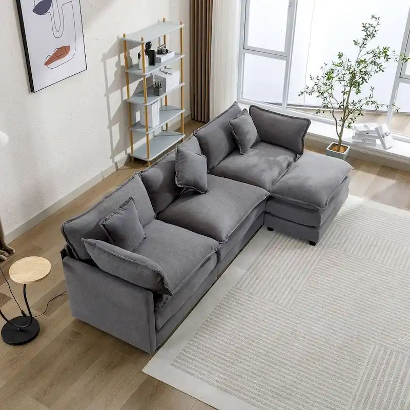 112 Modern L-Shape Chenille Upholstered Sofa with 5 Pillows