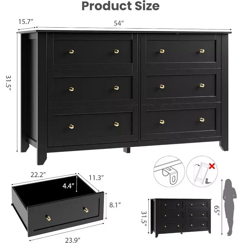 GustoWave Modern 54 Wide Large 6 Drawer Dresser for Bedroom, Entryway, Hallway, Black