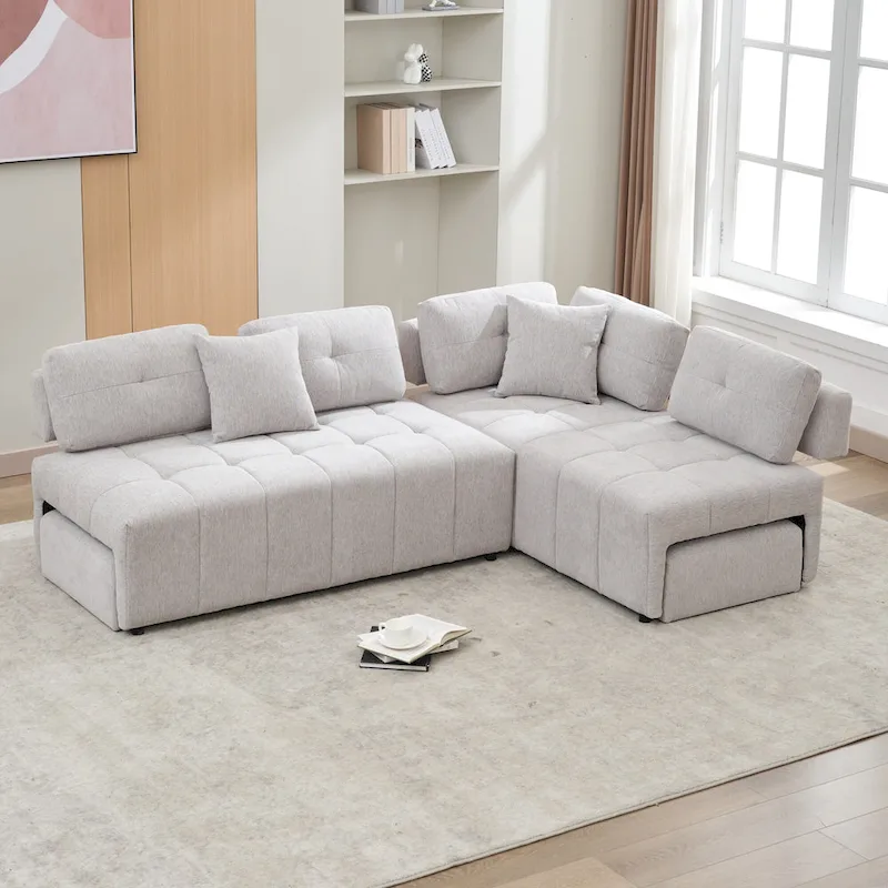 91.73  L-Shaped 4 Seater Sectional Sofa with 2 Hidden Stools, 2 Removable Lumbar Pillows, and Durable Chenille Upholstery