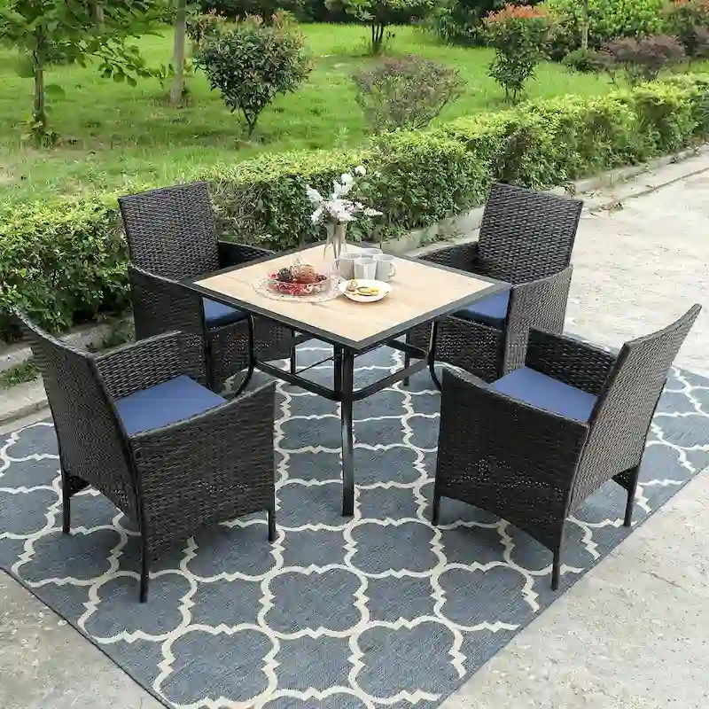 Patio 5-piece Dining Set, 1 Square 37  Metal Table with Umbrella Hole and 4 Rattan Chairs with Cushion