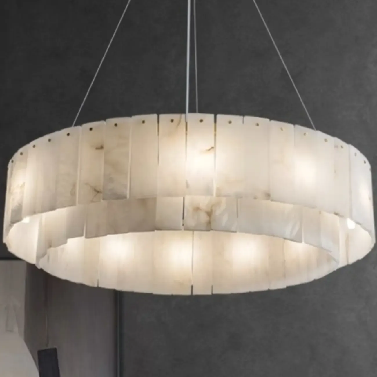 2-Tiers White Metal Circle Alabaster Drum Chandelier
