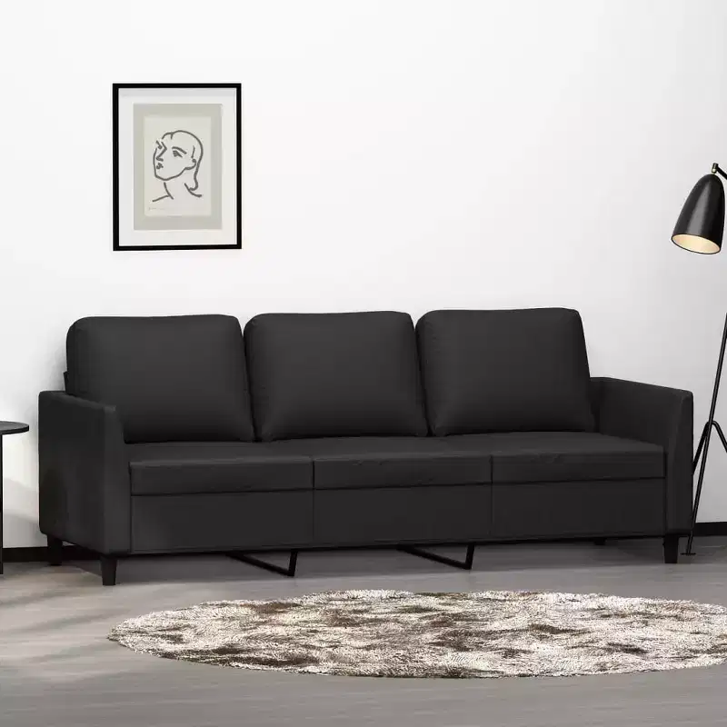 78 Modern 3-Seat Faux-Leather Sofa  Stain-Resistant Black Upholstery, Clean-Line Minimalist Design, Sturdy Frame for Living Room or Lounge