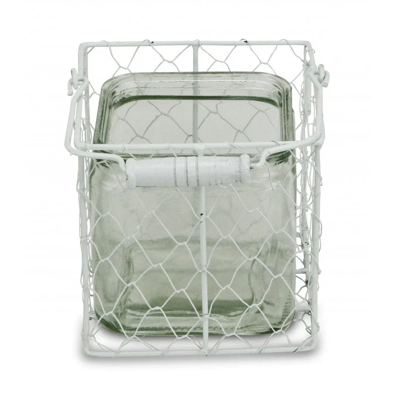 HomeRoots 5.5  White and Clear Wire Basket Glass Jar - 5.5  x 5.5  x 5.5
