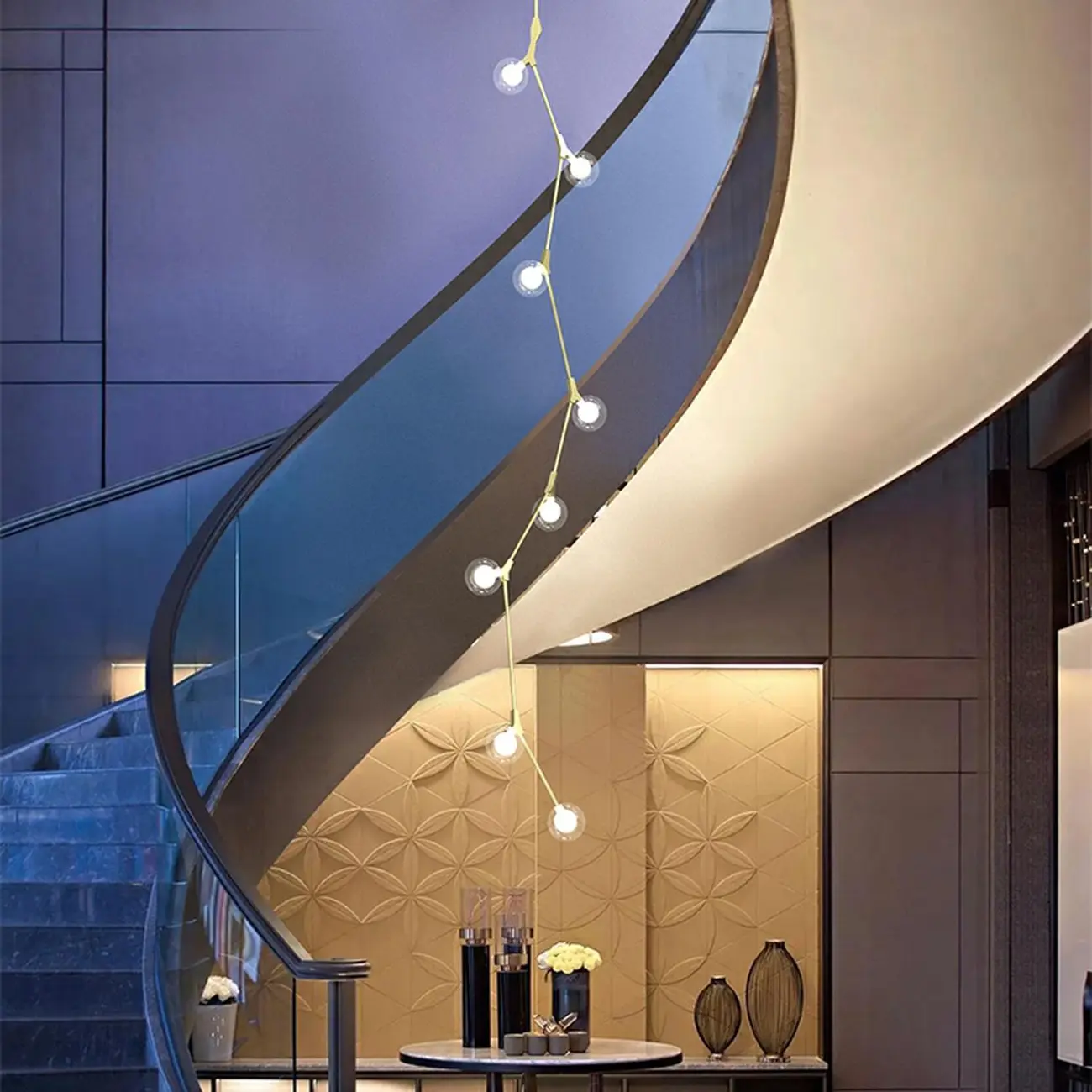 Modern Gold Branch Globe Glass Downrod Stairwell Chandelier