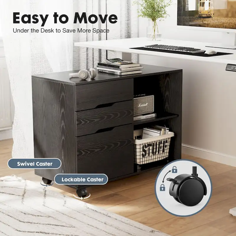 Rustic Brown / Black / White Mobile File Cabinet with 3 Drawers & 2 Open Shelves – Single User